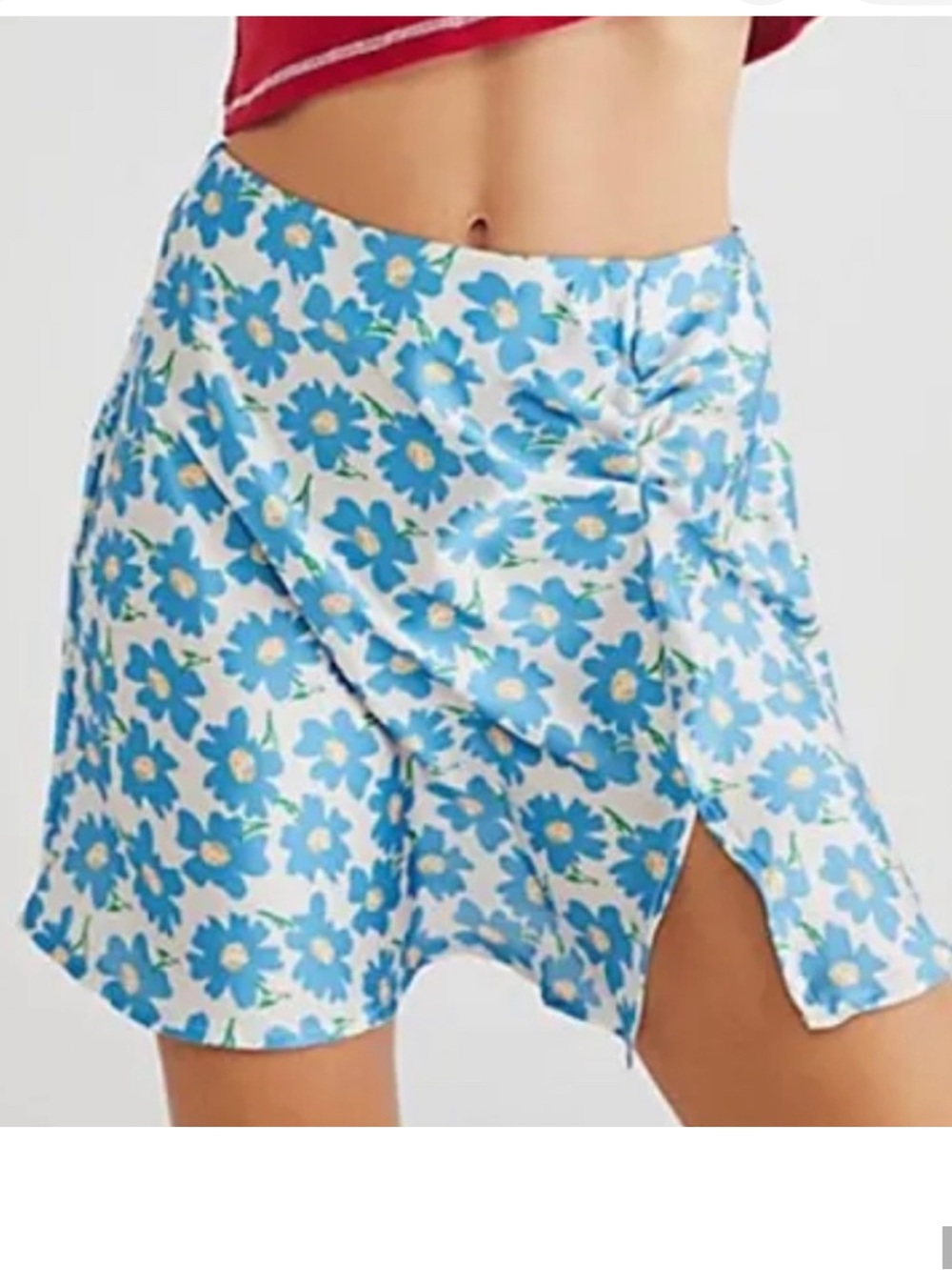 Free People White and Blue Floral Satin Mini Skirt